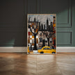 Harlem Yellow Cabs Art Print featuring an Afrocentric abstract collage of Harlem street life with yellow taxis, Black silhouette figures, and vibrant New York City scenery celebrating African American culture.
