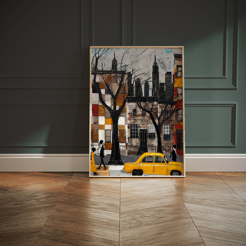 Harlem Yellow Cabs Art Print featuring an Afrocentric abstract collage of Harlem street life with yellow taxis, Black silhouette figures, and vibrant New York City scenery celebrating African American culture.
