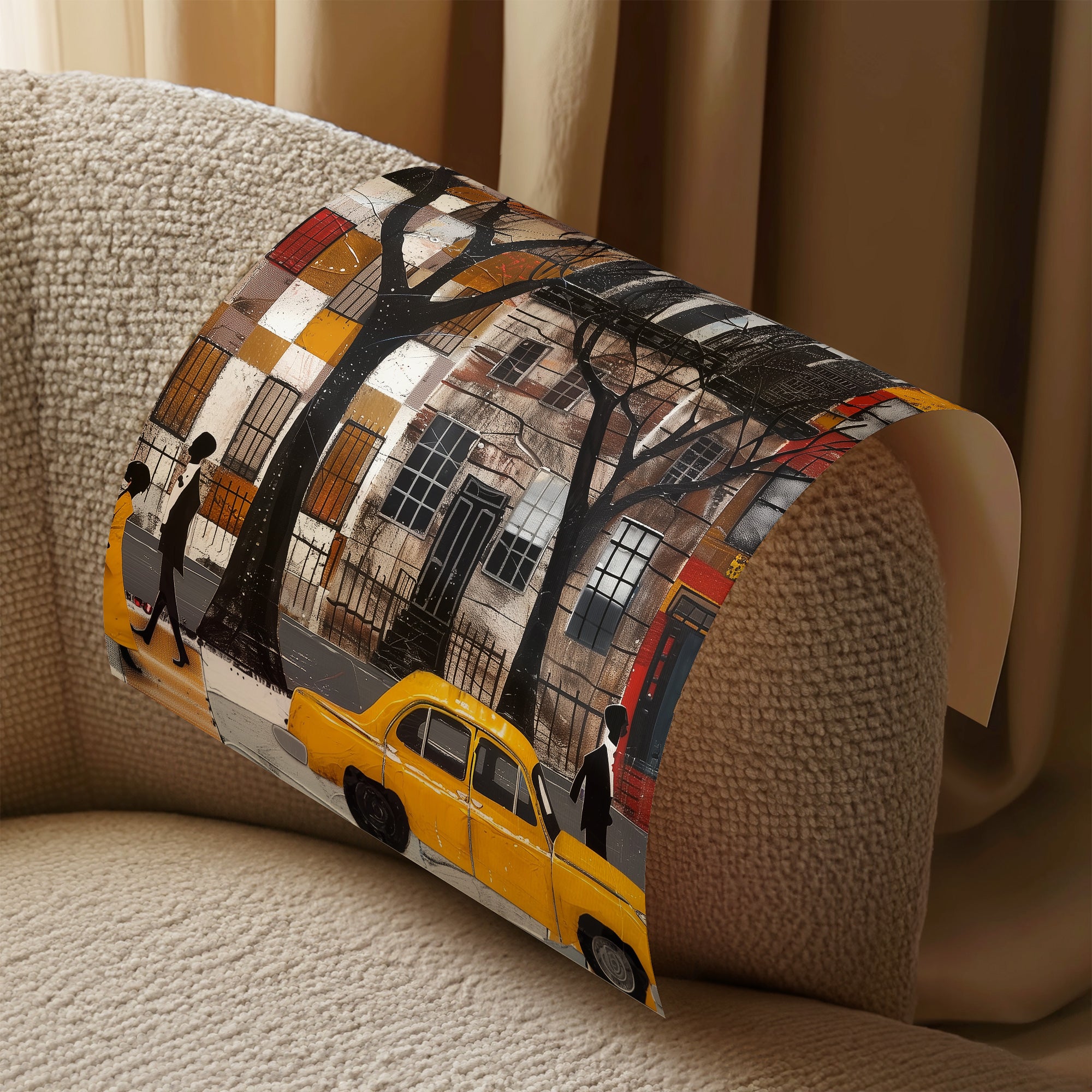 Harlem Yellow Cabs Art Print featuring an Afrocentric abstract collage of Harlem street life with yellow taxis, Black silhouette figures, and vibrant New York City scenery celebrating African American culture.