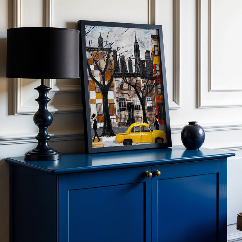 Harlem Yellow Cabs Art Print featuring an Afrocentric abstract collage of Harlem street life with yellow taxis, Black silhouette figures, and vibrant New York City scenery celebrating African American culture.