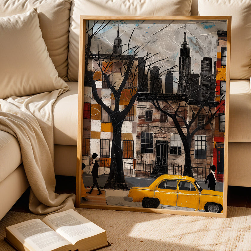 Harlem Yellow Cabs Art Print featuring an Afrocentric abstract collage of Harlem street life with yellow taxis, Black silhouette figures, and vibrant New York City scenery celebrating African American culture.