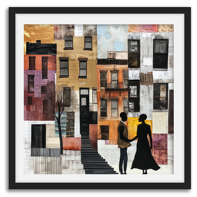 Illustration of a Black couple standing in front of historic Harlem brownstones. The focus is on the stoop stairs, symbolizing community life. The Black man gently takes his girlfriend’s hand, beginning a heartfelt marriage proposal. The scene reflects Black love, romance, and the cultural richness of Harlem.
