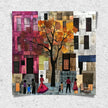 Afrocentric abstract art print capturing the vibrant energy of Harlem, featuring Black street life depicted through silhouette figures. Inspired by patchwork quilting, this piece blends geometric patterns, textured layers, and rich colors for a striking visual representation of everyday life in Harlem.