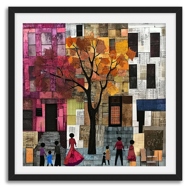 Afrocentric abstract art print capturing the vibrant energy of Harlem, featuring Black street life depicted through silhouette figures. Inspired by patchwork quilting, this piece blends geometric patterns, textured layers, and rich colors for a striking visual representation of everyday life in Harlem.