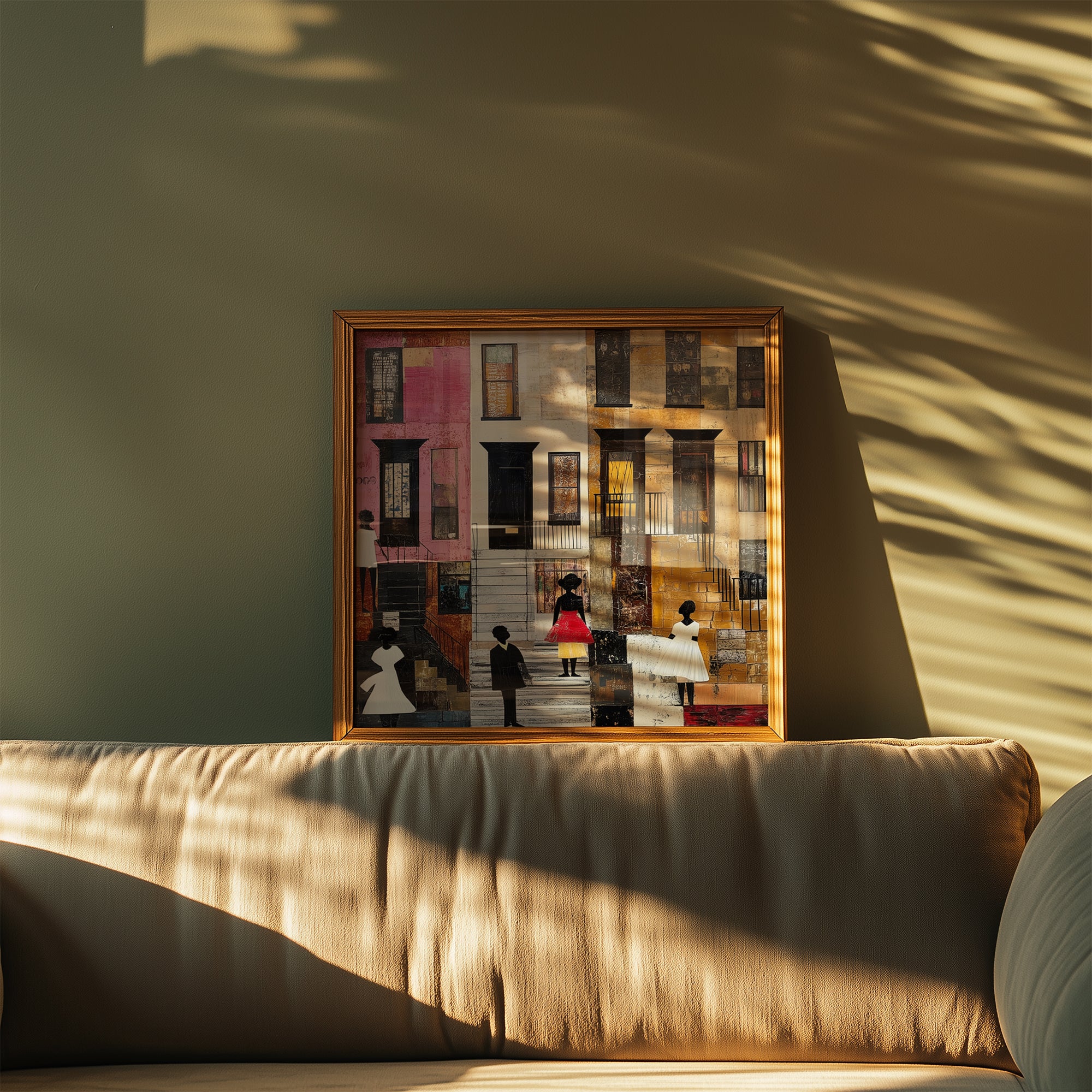 Harlem Neighborhood Art Print featuring Black ladies in Sunday white dresses, capturing the vibrancy of street life in a patchwork-inspired abstract African American art style. A tribute to Harlem culture and Black artistry.