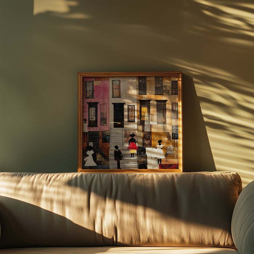 Harlem Neighborhood Art Print featuring Black ladies in Sunday white dresses, capturing the vibrancy of street life in a patchwork-inspired abstract African American art style. A tribute to Harlem culture and Black artistry.