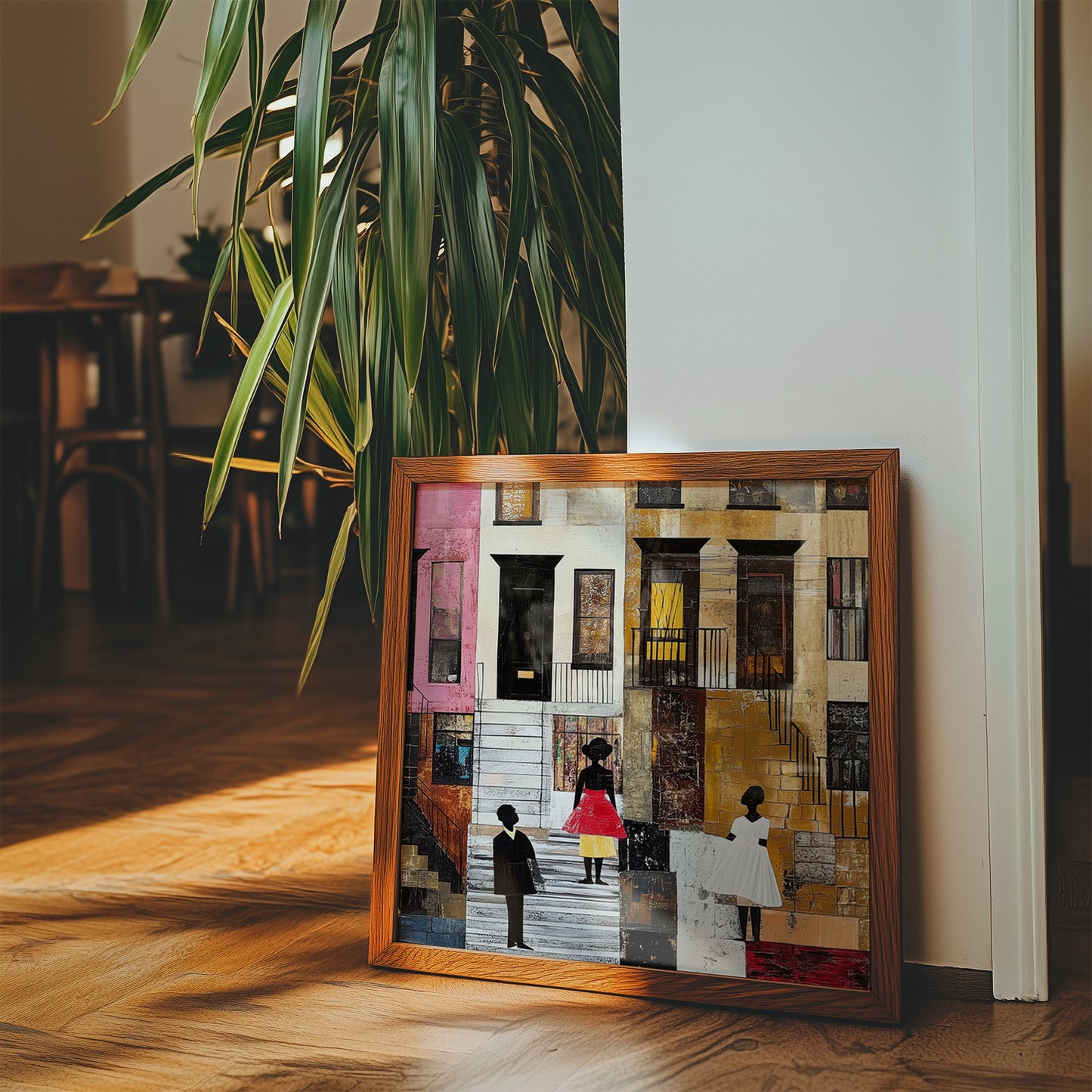 Harlem Neighborhood Art Print featuring Black ladies in Sunday white dresses, capturing the vibrancy of street life in a patchwork-inspired abstract African American art style. A tribute to Harlem culture and Black artistry.
