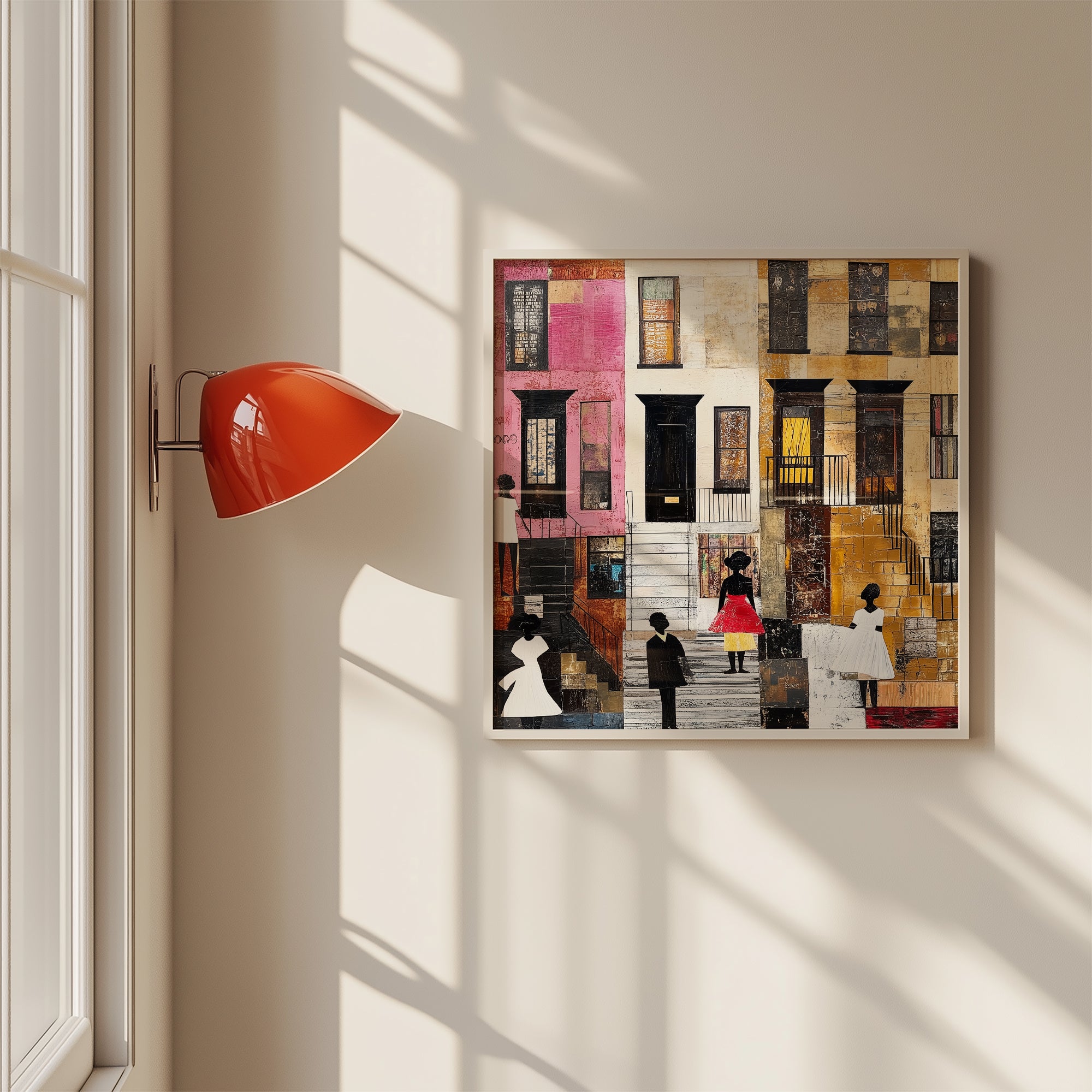 Harlem Neighborhood Art Print featuring Black ladies in Sunday white dresses, capturing the vibrancy of street life in a patchwork-inspired abstract African American art style. A tribute to Harlem culture and Black artistry.