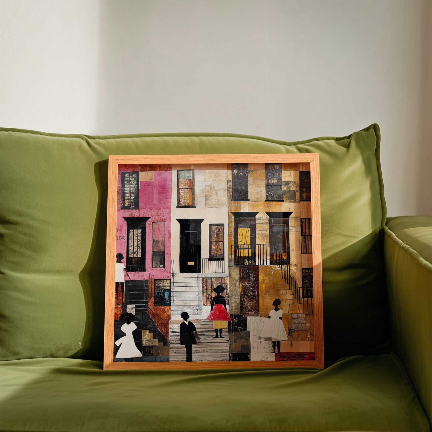 Harlem Neighborhood Art Print featuring Black ladies in Sunday white dresses, capturing the vibrancy of street life in a patchwork-inspired abstract African American art style. A tribute to Harlem culture and Black artistry.
