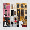 Harlem Neighborhood Art Print featuring Black ladies in Sunday white dresses, capturing the vibrancy of street life in a patchwork-inspired abstract African American art style. A tribute to Harlem culture and Black artistry.