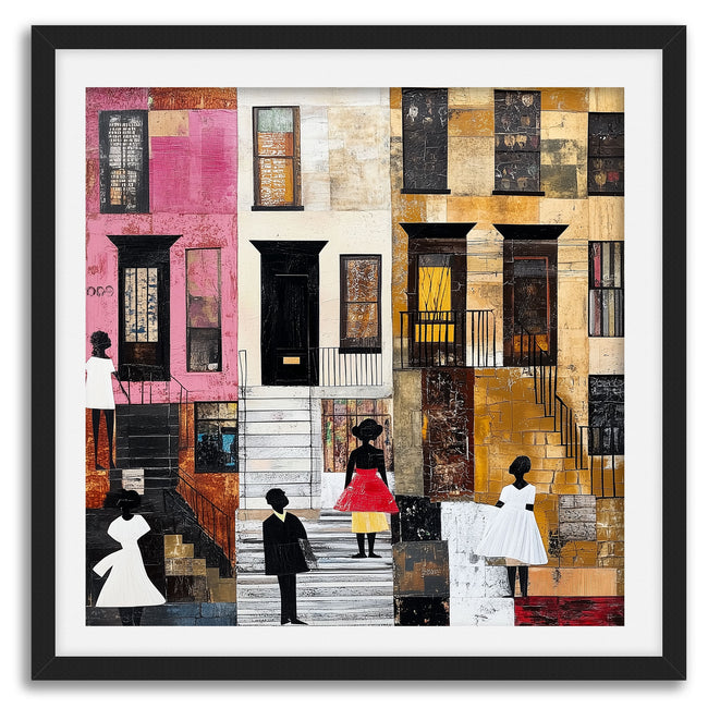 Harlem Neighborhood Art Print featuring Black ladies in Sunday white dresses, capturing the vibrancy of street life in a patchwork-inspired abstract African American art style. A tribute to Harlem culture and Black artistry.