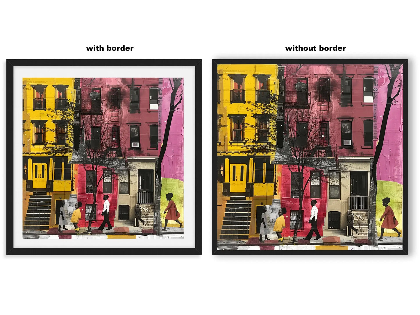 Set of 3 Afrocentric Harlem street scene art prints showing Black people on brownstone-lined streets capturing the vibrant culture and everyday life of Harlem.