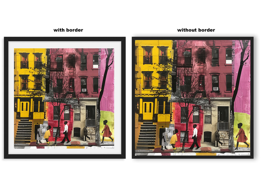 Set of 3 Afrocentric Harlem street scene art prints showing Black people on brownstone-lined streets capturing the vibrant culture and everyday life of Harlem.