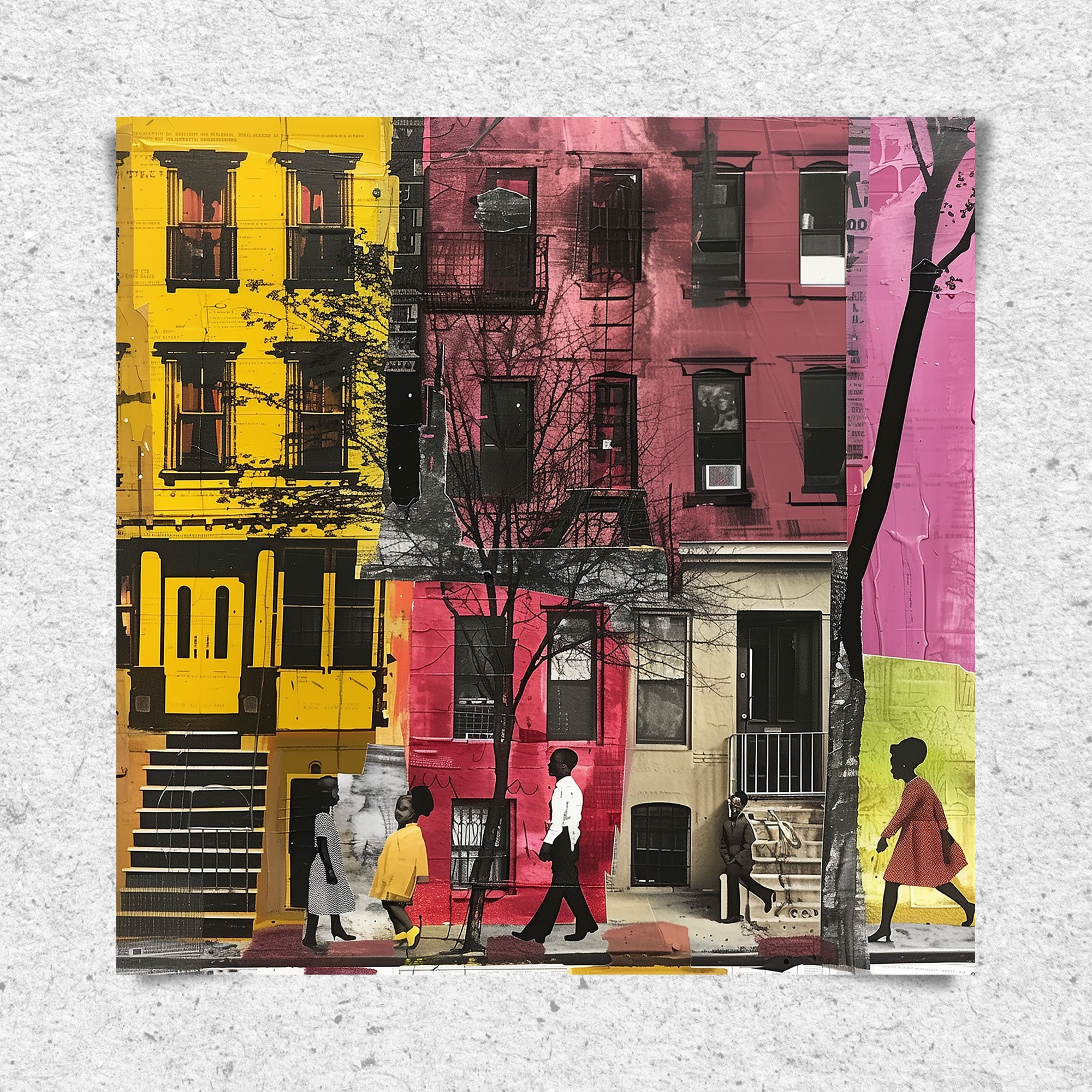 Abstract Afrocentric art of a Black man and woman taking a quiet stroll past historic Harlem brownstones. The scene highlights a sunny stoop and captures the peaceful rhythm of neighborhood life, evoking warmth, heritage, and cultural pride.