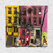 Abstract Afrocentric art of a Black man and woman taking a quiet stroll past historic Harlem brownstones. The scene highlights a sunny stoop and captures the peaceful rhythm of neighborhood life, evoking warmth, heritage, and cultural pride.