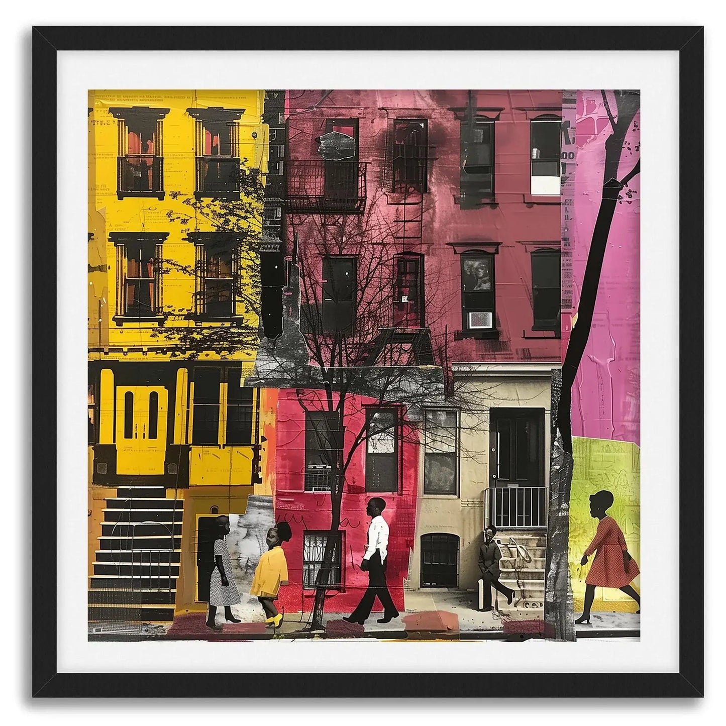 Set of 3 Afrocentric Harlem street scene art prints showing Black people on brownstone-lined streets capturing the vibrant culture and everyday life of Harlem.