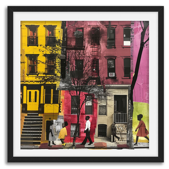 Abstract Afrocentric art of a Black man and woman taking a quiet stroll past historic Harlem brownstones. The scene highlights a sunny stoop and captures the peaceful rhythm of neighborhood life, evoking warmth, heritage, and cultural pride.