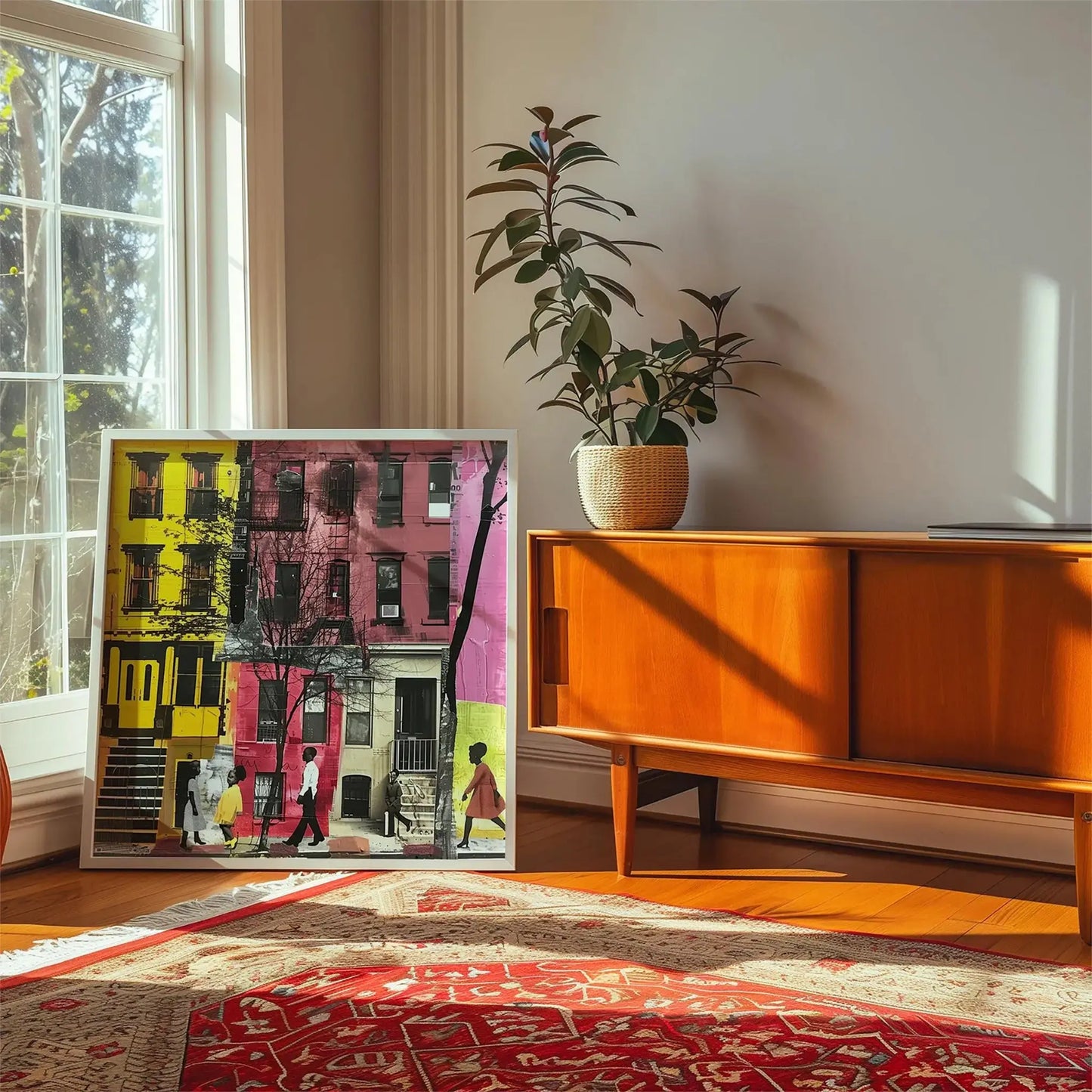 Set of 3 Afrocentric Harlem street scene art prints showing Black people on brownstone-lined streets capturing the vibrant culture and everyday life of Harlem.