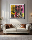 Abstract Afrocentric art of a Black man and woman taking a quiet stroll past historic Harlem brownstones. The scene highlights a sunny stoop and captures the peaceful rhythm of neighborhood life, evoking warmth, heritage, and cultural pride.