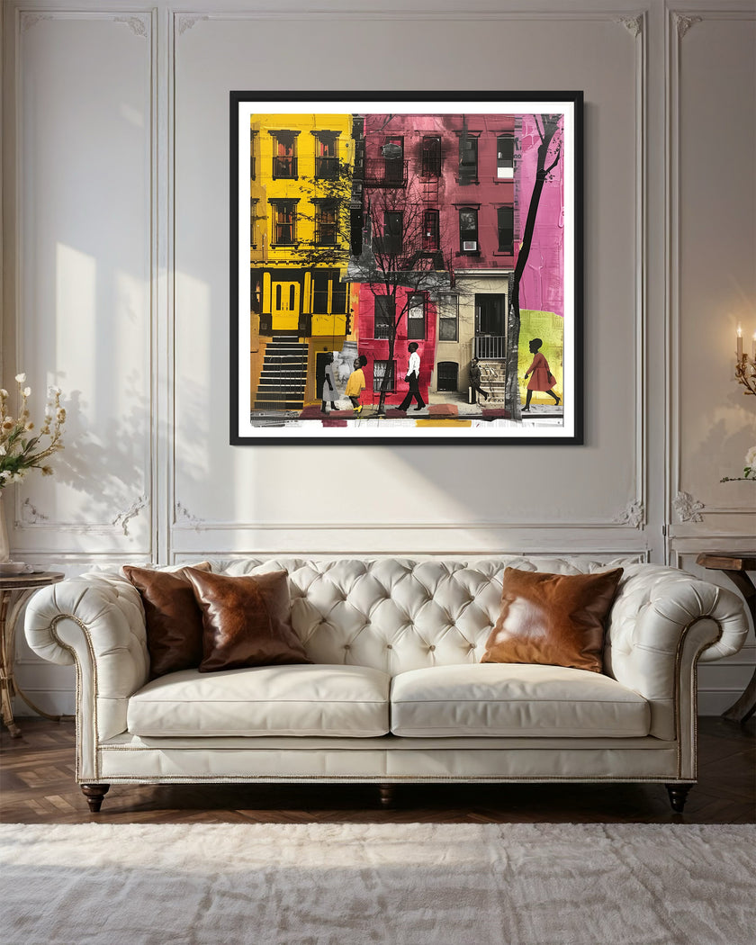 Abstract Afrocentric art of a Black man and woman taking a quiet stroll past historic Harlem brownstones. The scene highlights a sunny stoop and captures the peaceful rhythm of neighborhood life, evoking warmth, heritage, and cultural pride.