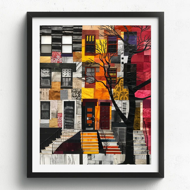 Harlem Neighborhood Brownstones Art Print featuring Afrocentric abstract art depicting Harlem lifestyle and African American culture.