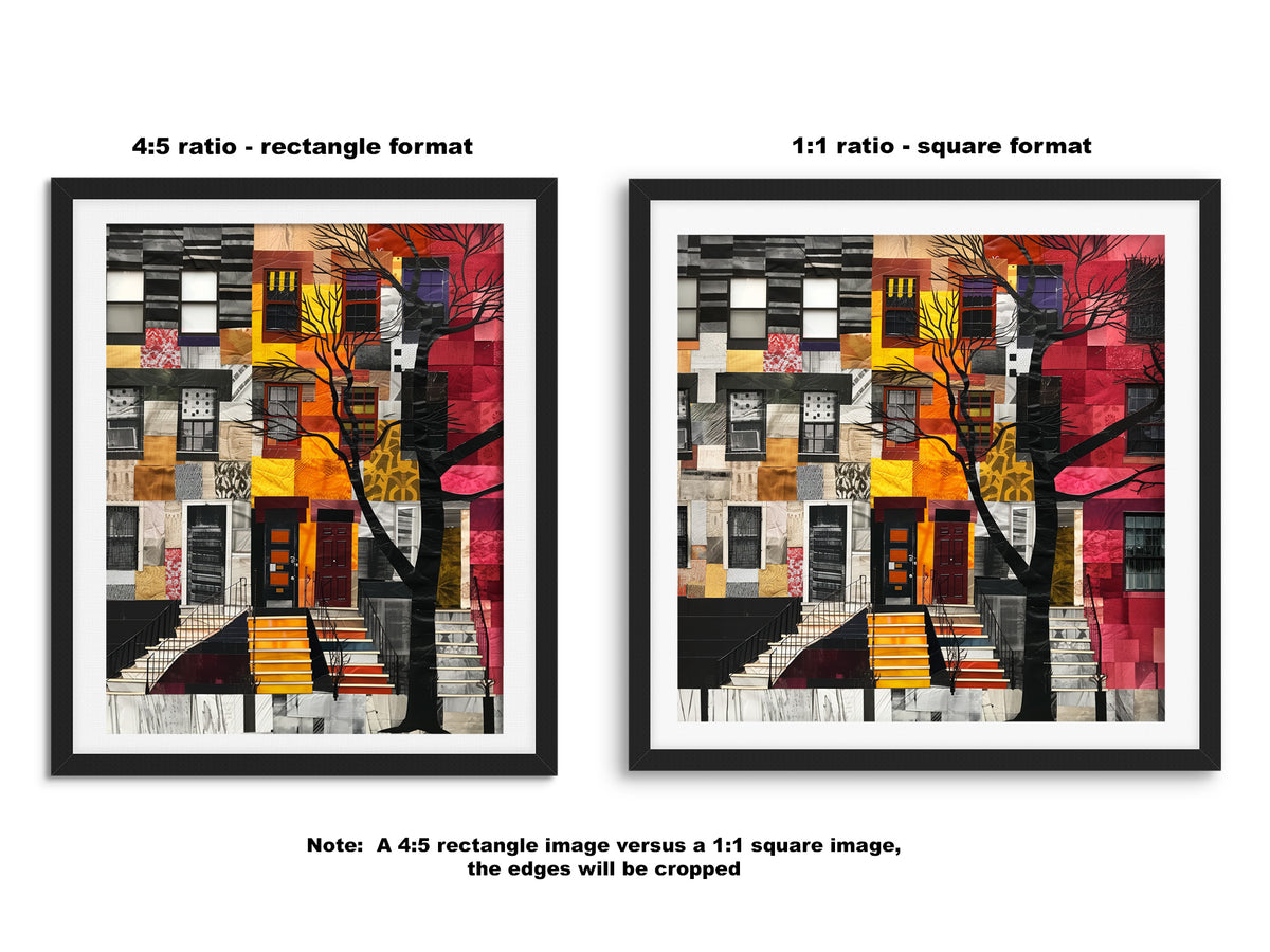 A comparison image showing the same wall art print in two frame ratios: a 4:5 rectangle format on the left and a 1:1 square format on the right. The artwork depicts a colorful patchwork-style townhouse facade with trees and steps.