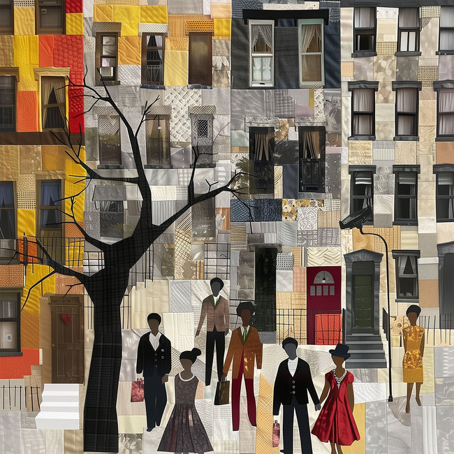 Harlem Neighborhood Art Print featuring brownstones in a colorful patchwork-inspired design, Afrocentric wall decor celebrating African American abstract art and Harlem culture.