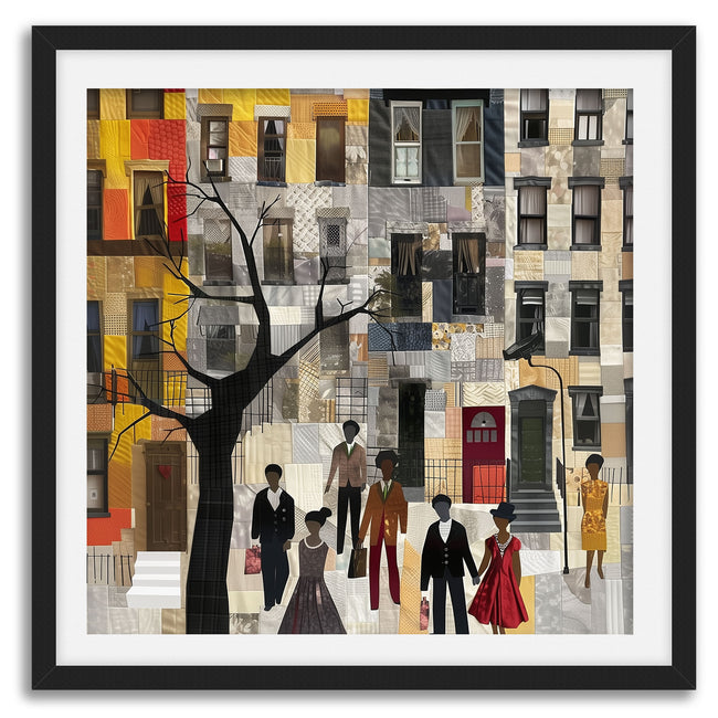 Harlem Neighborhood Art Print featuring brownstones in a colorful patchwork-inspired design, Afrocentric wall decor celebrating African American abstract art and Harlem culture.