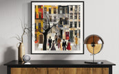 Harlem Neighborhood Art Print featuring brownstones in a colorful patchwork-inspired design, Afrocentric wall decor celebrating African American abstract art and Harlem culture.