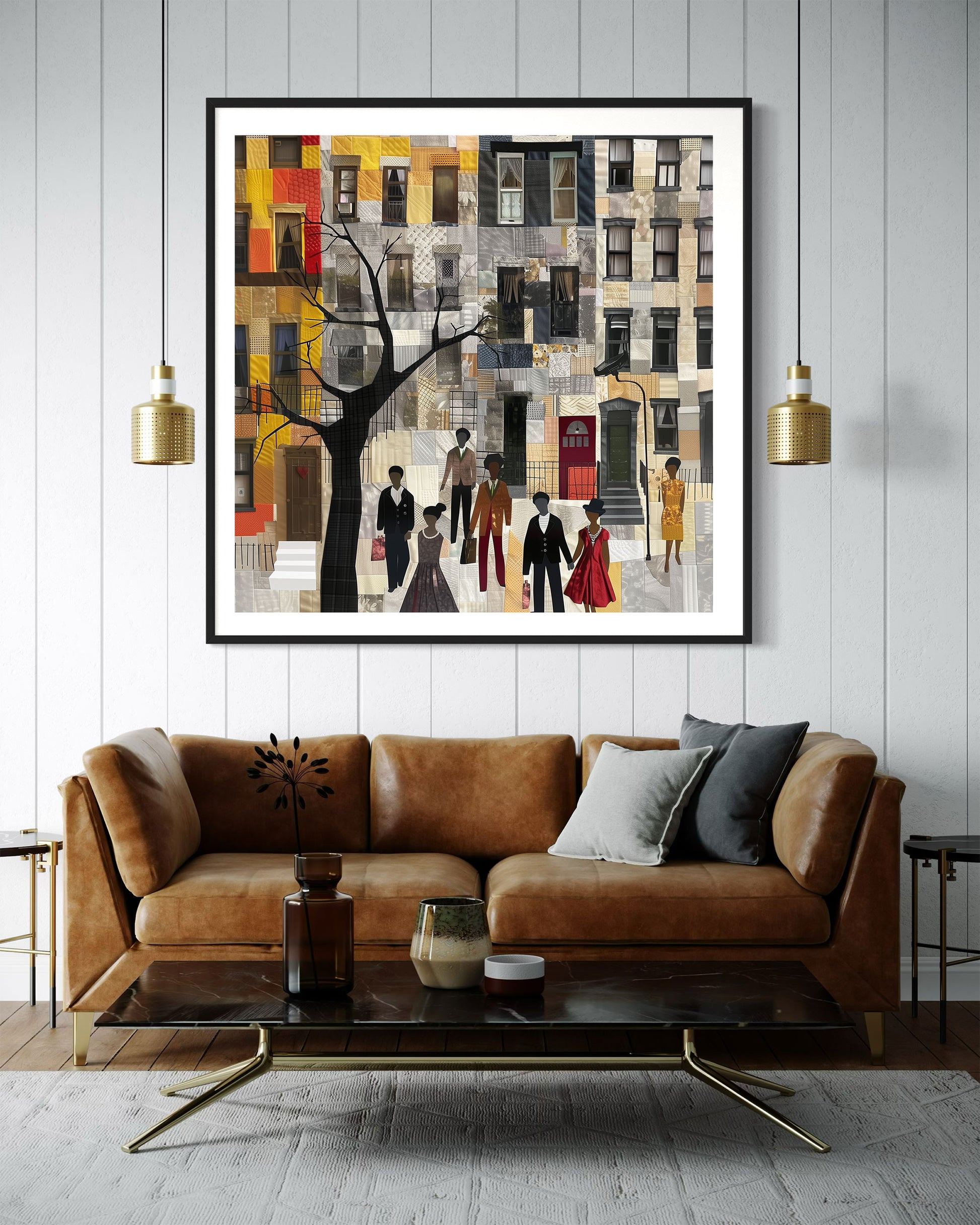 Harlem Neighborhood Art Print featuring brownstones in a colorful patchwork-inspired design, Afrocentric wall decor celebrating African American abstract art and Harlem culture.