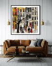 Harlem Neighborhood Art Print featuring brownstones in a colorful patchwork-inspired design, Afrocentric wall decor celebrating African American abstract art and Harlem culture.
