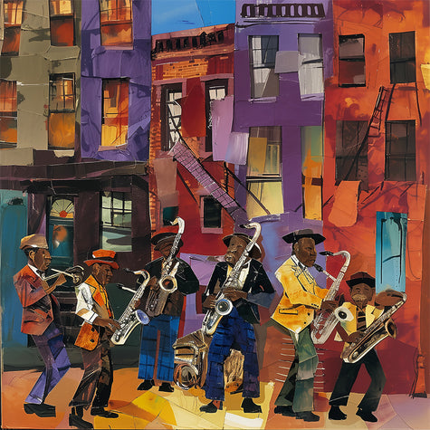 Harlem Street Life Art Print featuring abstract collage of jazz musicians and city life, celebrating Harlem neighborhood culture in vibrant Afrocentric digital art.