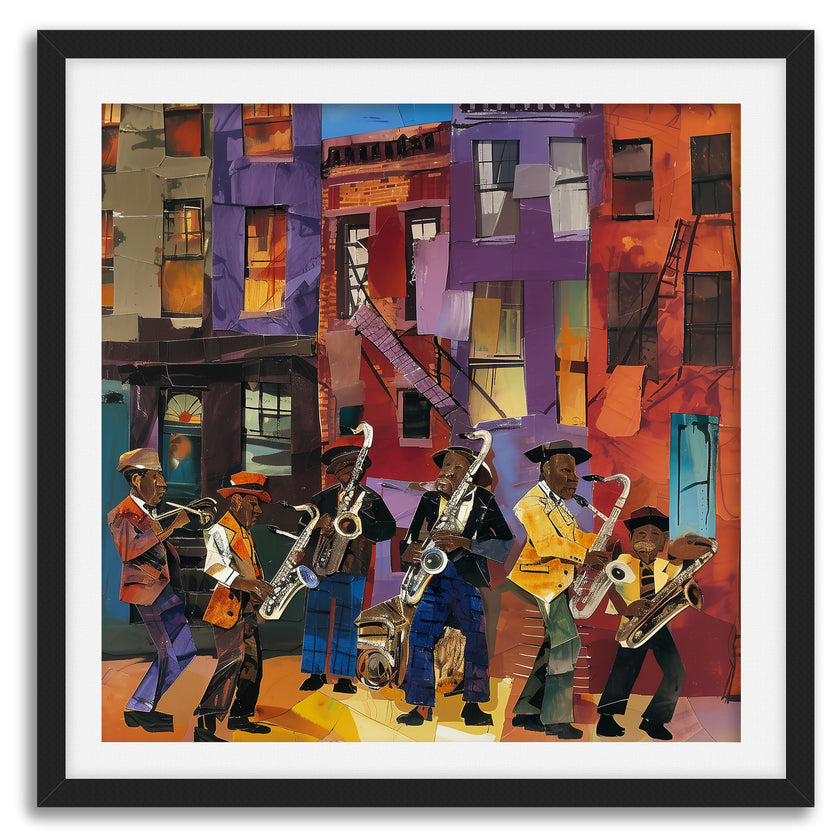 Harlem Street Life Art Print featuring abstract collage of jazz musicians and city life, celebrating Harlem neighborhood culture in vibrant Afrocentric digital art.