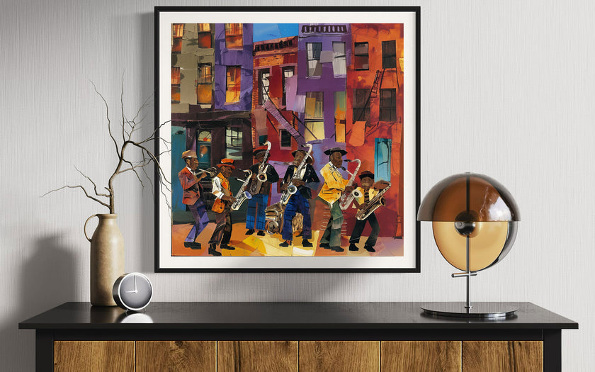 Harlem Street Life Art Print featuring abstract collage of jazz musicians and city life, celebrating Harlem neighborhood culture in vibrant Afrocentric digital art.