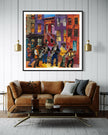 Harlem Street Life Art Print featuring abstract collage of jazz musicians and city life, celebrating Harlem neighborhood culture in vibrant Afrocentric digital art.