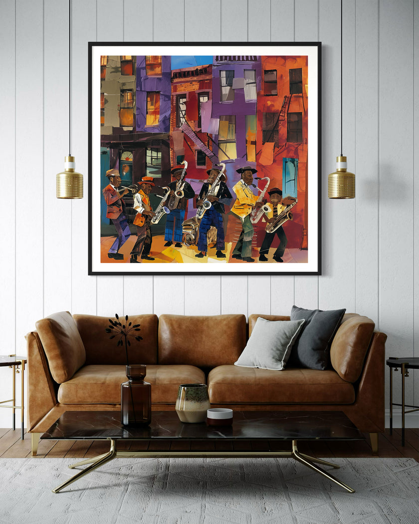 Harlem Street Life Art Print featuring abstract collage of jazz musicians and city life, celebrating Harlem neighborhood culture in vibrant Afrocentric digital art.
