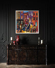 Harlem Street Life Art Print featuring abstract collage of jazz musicians and city life, celebrating Harlem neighborhood culture in vibrant Afrocentric digital art.