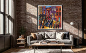 Harlem Street Life Art Print featuring abstract collage of jazz musicians and city life, celebrating Harlem neighborhood culture in vibrant Afrocentric digital art.