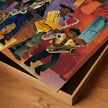 Harlem Street Life Art Print featuring abstract collage of jazz musicians and city life, celebrating Harlem neighborhood culture in vibrant Afrocentric digital art.