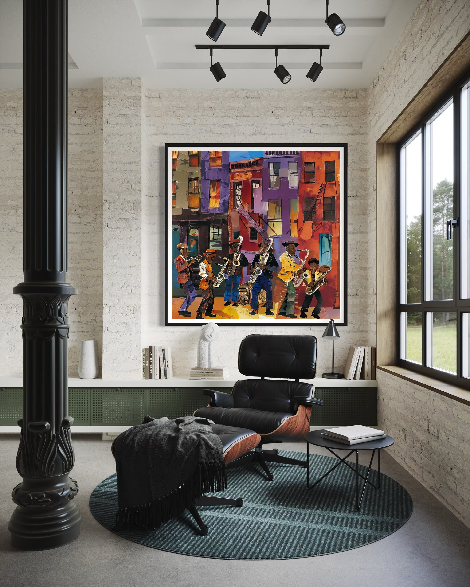 Harlem Street Life Art Print featuring abstract collage of jazz musicians and city life, celebrating Harlem neighborhood culture in vibrant Afrocentric digital art.
