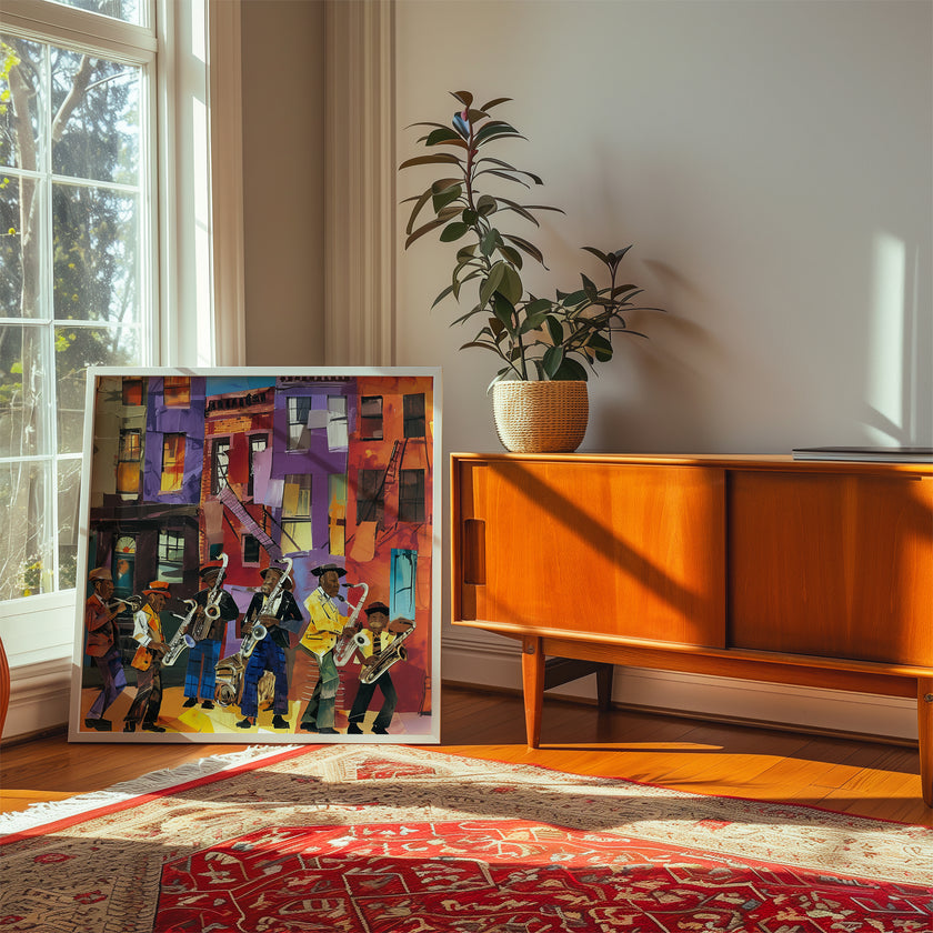 Harlem Street Life Art Print featuring abstract collage of jazz musicians and city life, celebrating Harlem neighborhood culture in vibrant Afrocentric digital art.