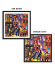 Harlem Street Life Art Print featuring abstract collage of jazz musicians and city life, celebrating Harlem neighborhood culture in vibrant Afrocentric digital art.
