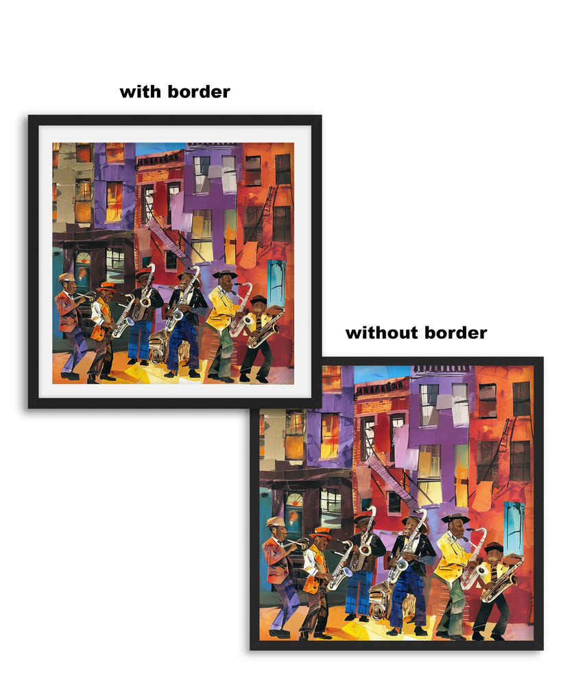 Harlem Street Life Art Print featuring abstract collage of jazz musicians and city life, celebrating Harlem neighborhood culture in vibrant Afrocentric digital art.