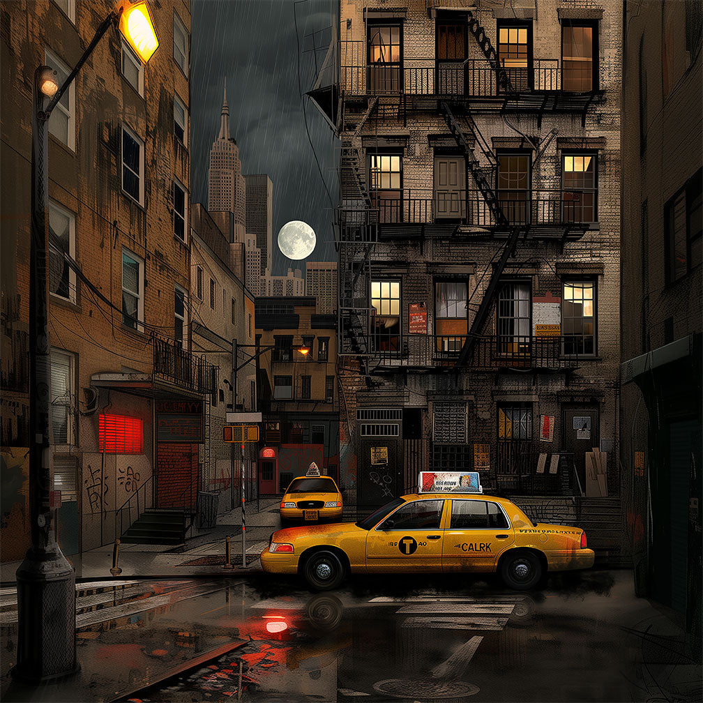 Harlem in the Moonlight Art Print featuring New York City yellow taxis at night under a glowing moon. Abstract Afrocentric Harlem cityscape wall art with vibrant colors and urban style.