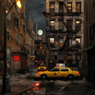 Harlem in the Moonlight Art Print featuring New York City yellow taxis at night under a glowing moon. Abstract Afrocentric Harlem cityscape wall art with vibrant colors and urban style.