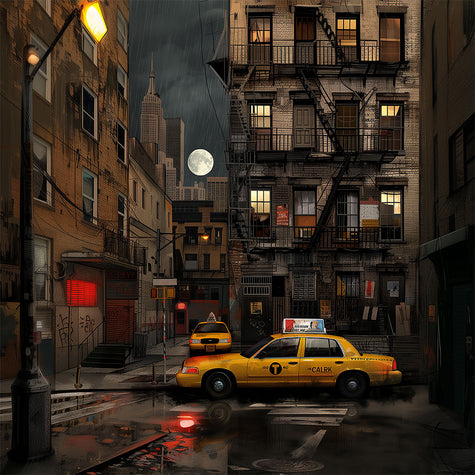 Harlem in the Moonlight Art Print featuring New York City yellow taxis at night under a glowing moon. Abstract Afrocentric Harlem cityscape wall art with vibrant colors and urban style.