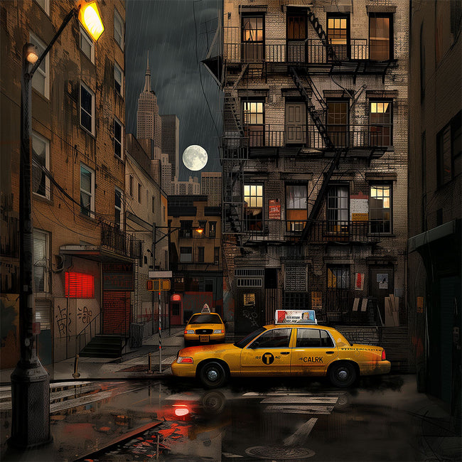 Harlem in the Moonlight Art Print featuring New York City yellow taxis at night under a glowing moon. Abstract Afrocentric Harlem cityscape wall art with vibrant colors and urban style.