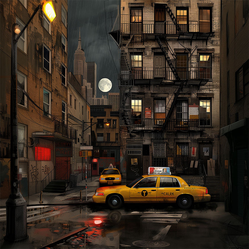 Harlem in the Moonlight Art Print featuring New York City yellow taxis at night under a glowing moon. Abstract Afrocentric Harlem cityscape wall art with vibrant colors and urban style.