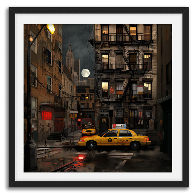 Harlem in the Moonlight Art Print featuring New York City yellow taxis at night under a glowing moon. Abstract Afrocentric Harlem cityscape wall art with vibrant colors and urban style.