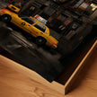 Harlem in the Moonlight Art Print featuring New York City yellow taxis at night under a glowing moon. Abstract Afrocentric Harlem cityscape wall art with vibrant colors and urban style.